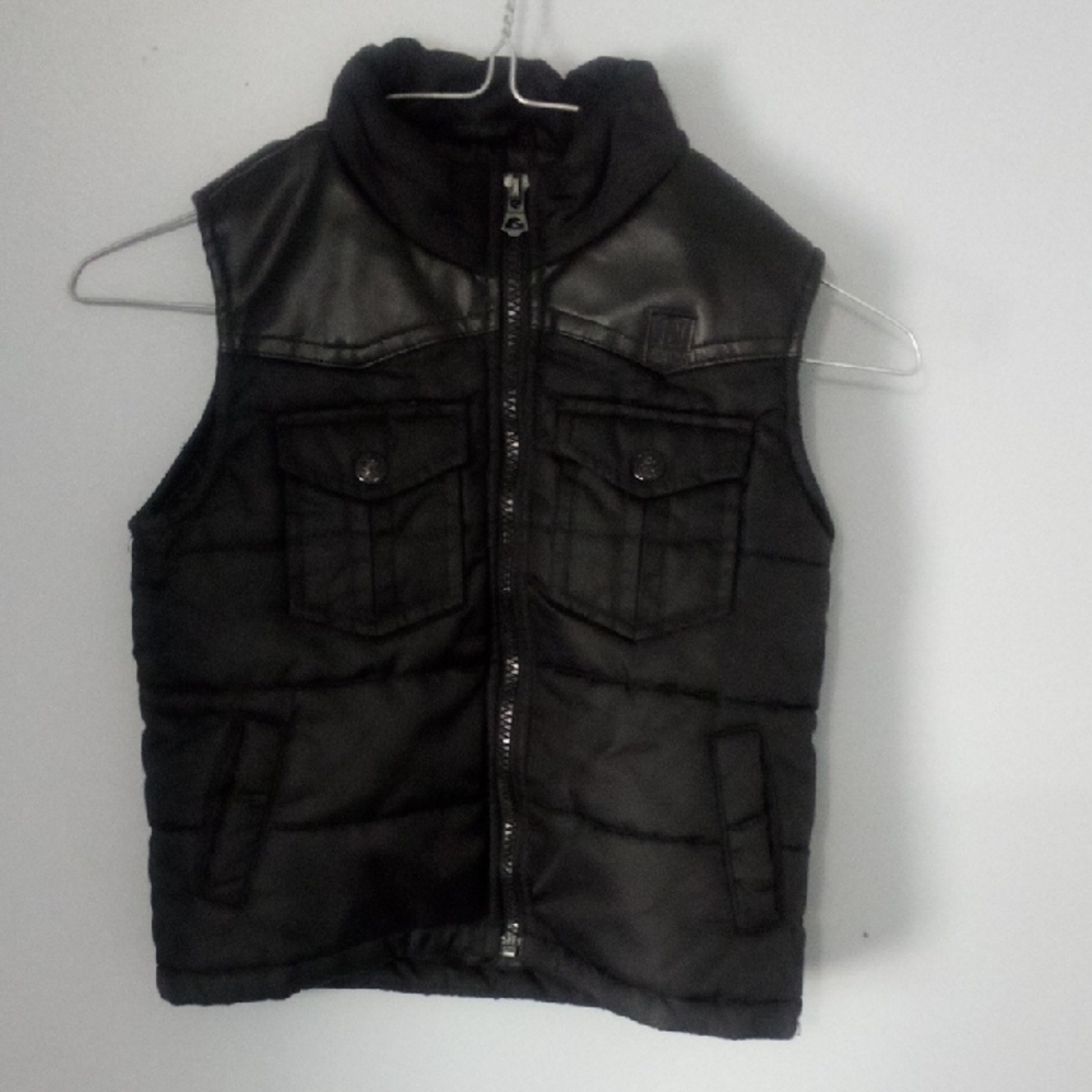 Black Puffer Vest with Leather Accents